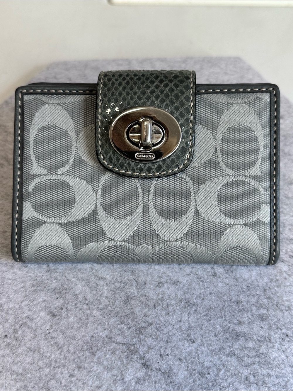 COACH Signature Gray Small Wallet with Turnlock Closure